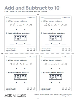 1st Grade Add and Subtract Within 10 Exit Tickets