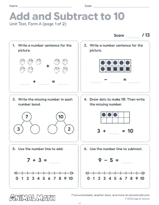 1st Grade Add and Subtract Within 10 Test