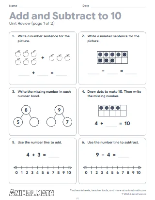 1st Grade Add and Subtract Within 10 Unit Review