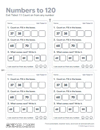 1st Grade Numbers to 120 Exit Tickets