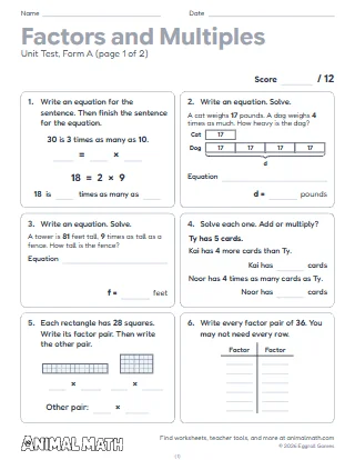 4th Grade Factors and Multiples Test