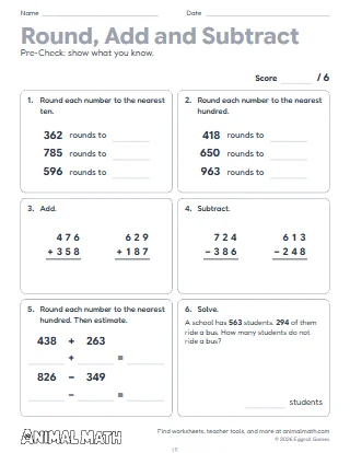 4th Grade Rounding, Adding and Subtracting Pre-Check