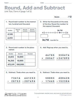 4th Grade Rounding, Adding and Subtracting Test