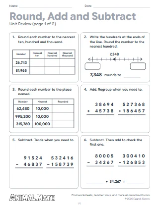 4th Grade Rounding, Adding and Subtracting Unit Review
