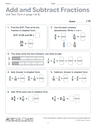 5th Grade Adding and Subtracting Fractions Test