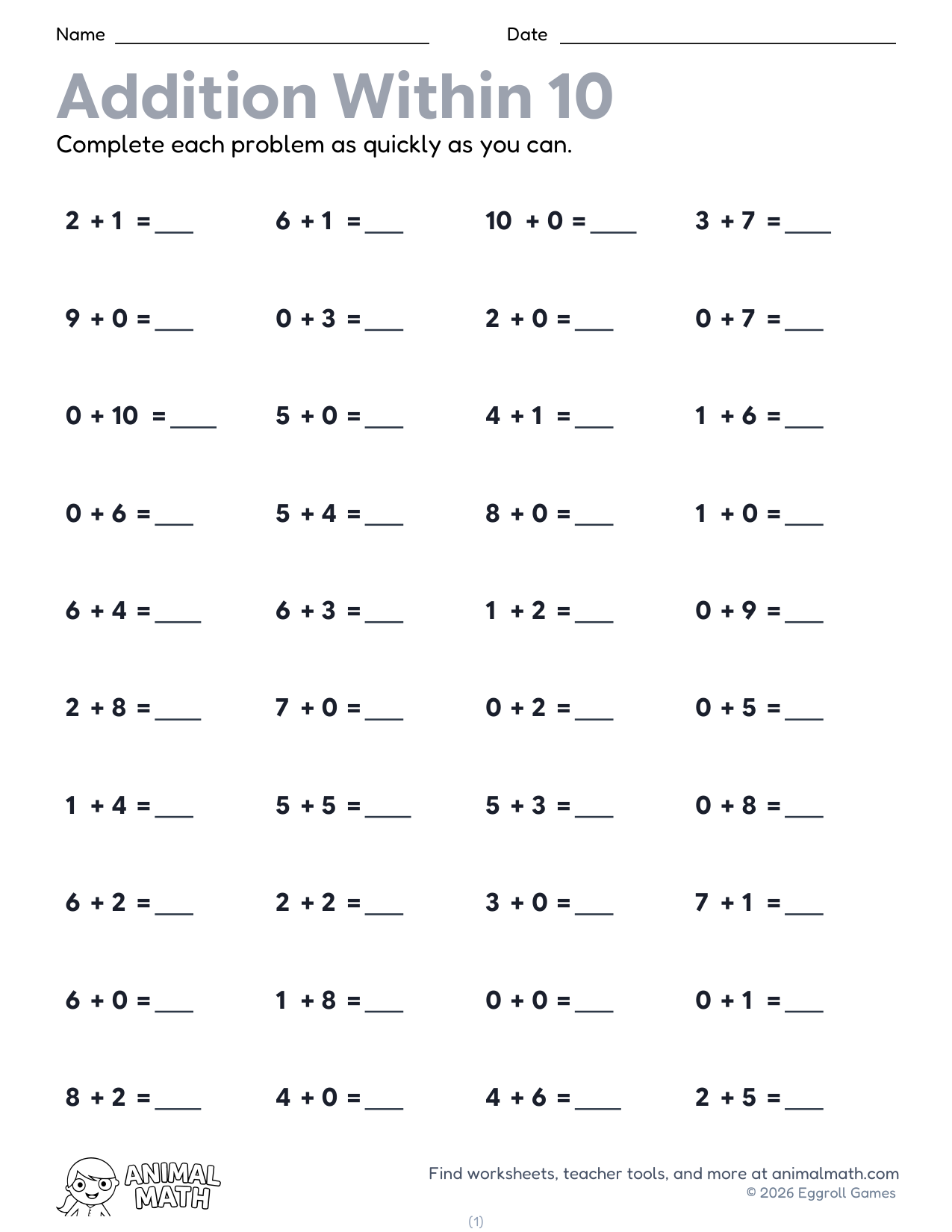 Addition Fact Drills to 10 preview