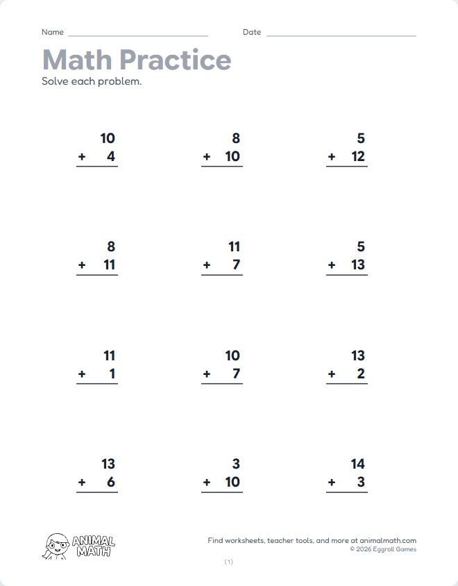 Column Addition to 20 preview