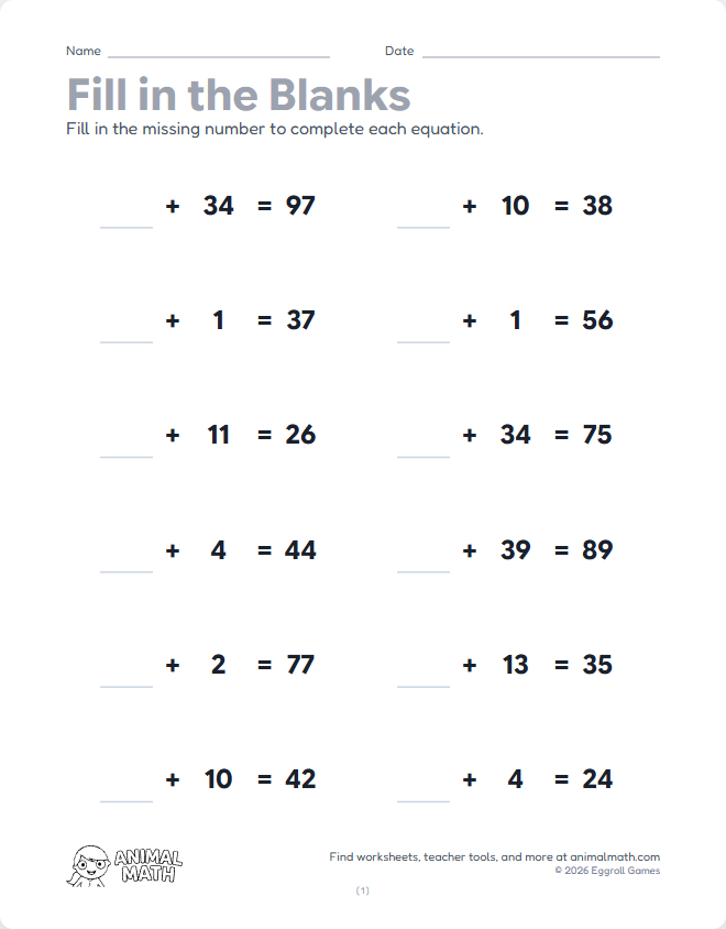 Fill in the Blank - Equations to 100