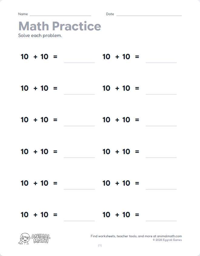 Horizontal Math 10 to 20 preview