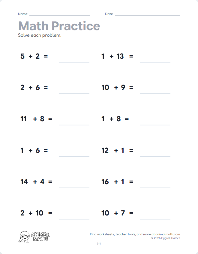 Horizontal Math to 20 preview