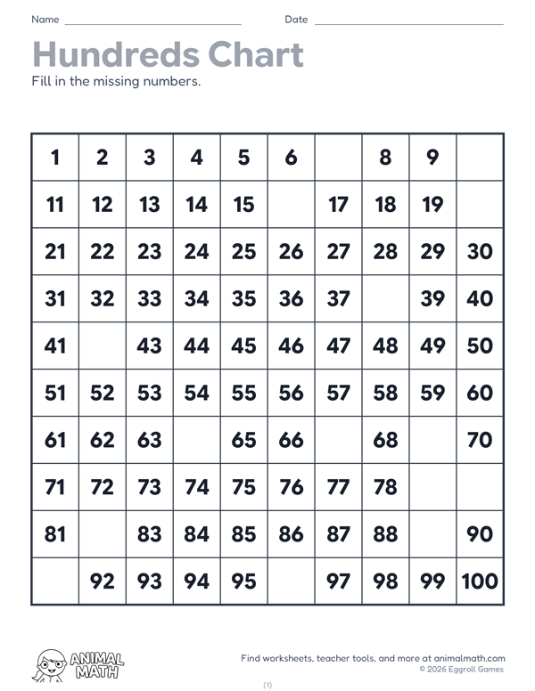 Hundreds Chart Missing Numbers preview