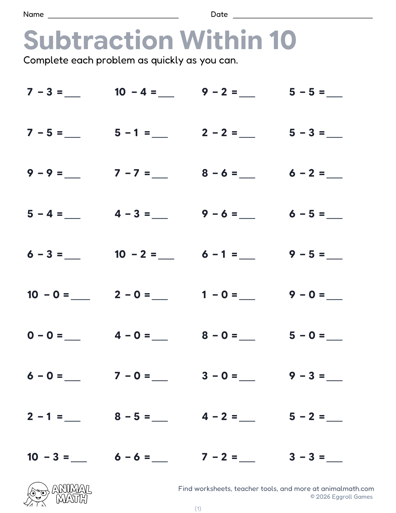 Subtraction Fact Drills to 10 preview