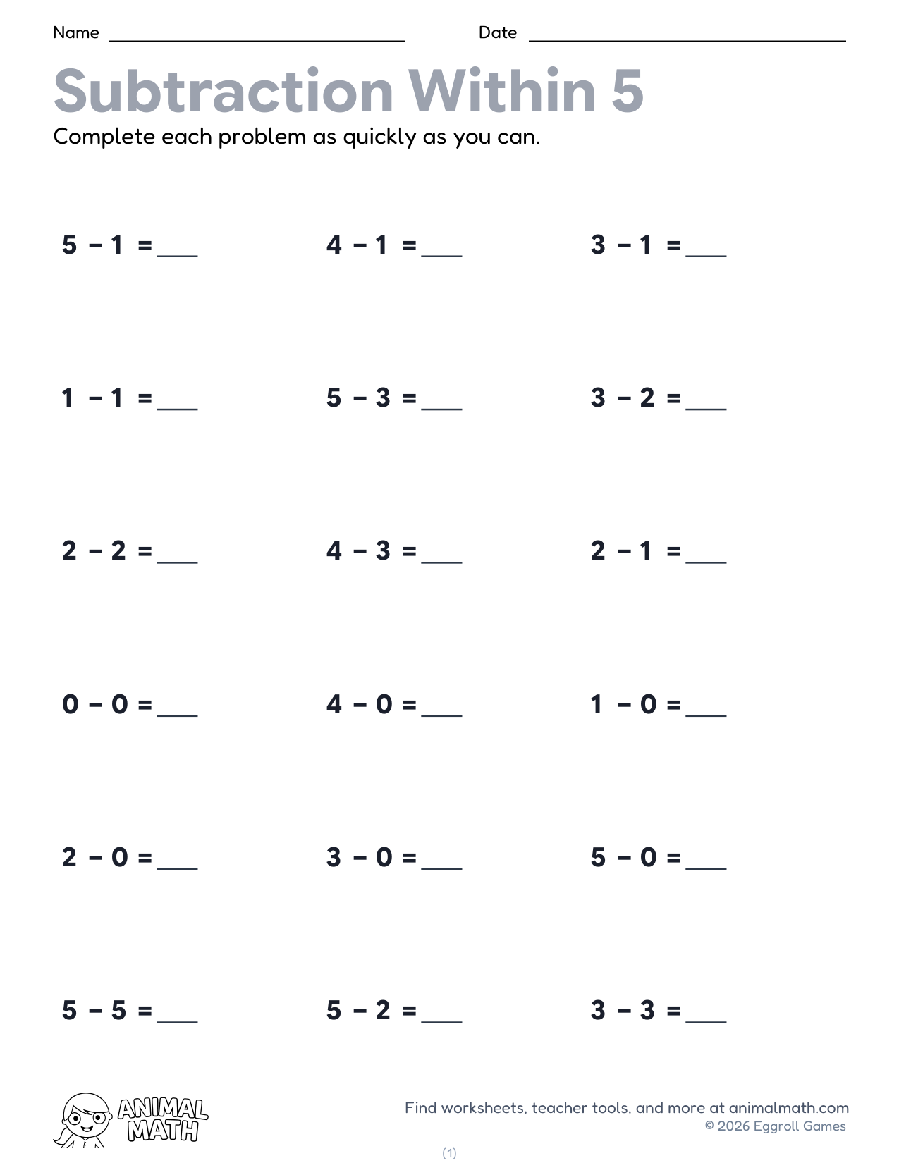 Subtraction Fact Drills to 5 preview
