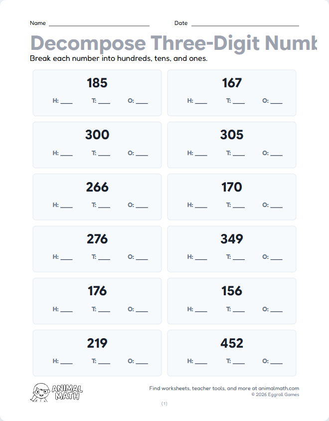 Three-Digit Place Value - Decompose (Low) preview